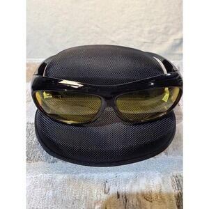 Mens Night Vision Driving Glasses Yellow Tint Lens Wrap Around Black Frame Case